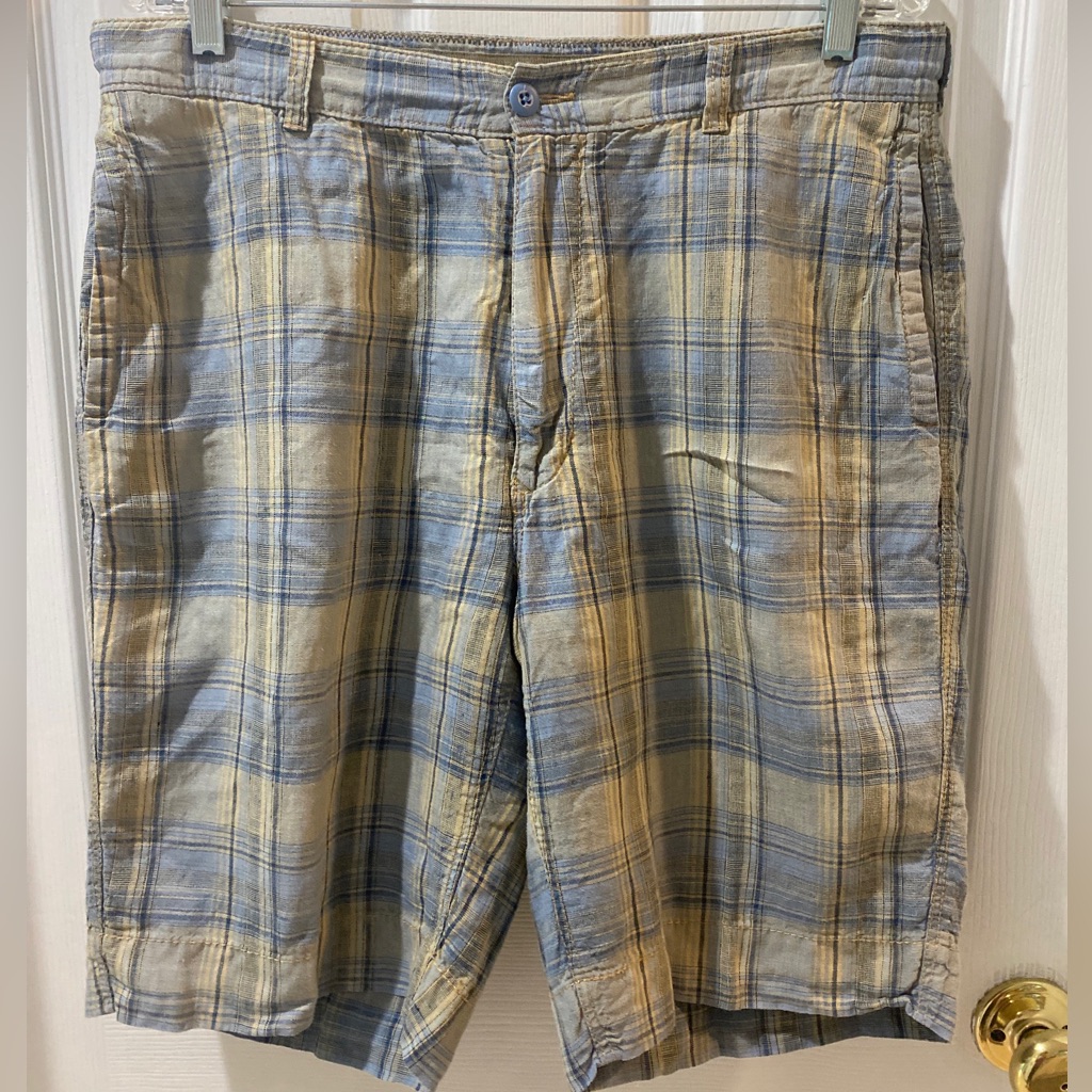 Tommy Bahama Short Pants Men's 34 100% Linen Multi Color Plaid Flat Shorts - 10”